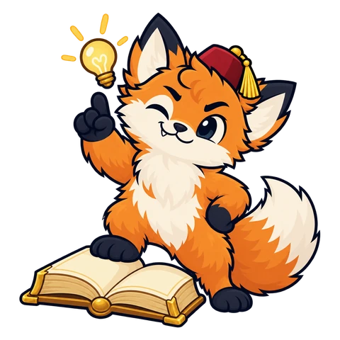 Tofi with one foot on an open book, pointing up with a bright idea