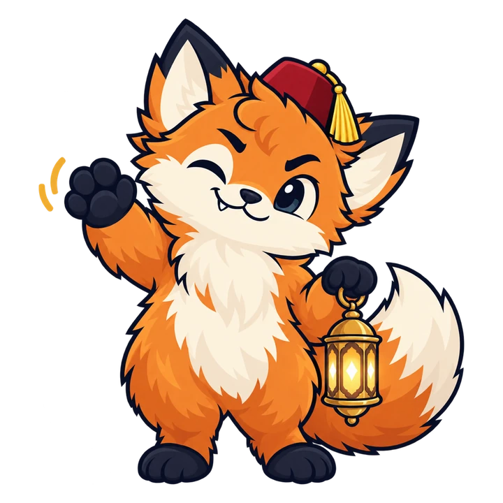 Tofi the orange fox winking and waving