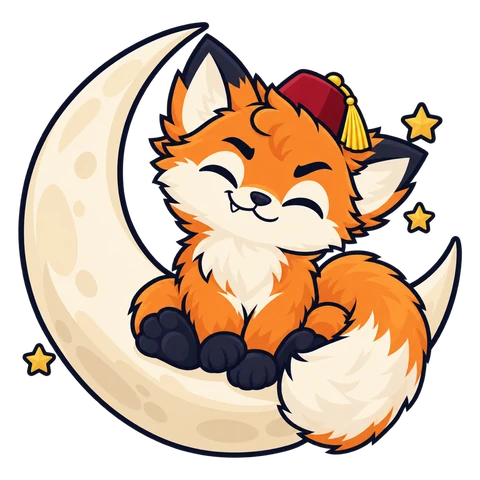 Tofi sitting happily on a crescent moon with his eyes closed