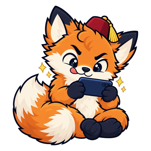 Tofi playing a game on a phone with his tongue sticking out