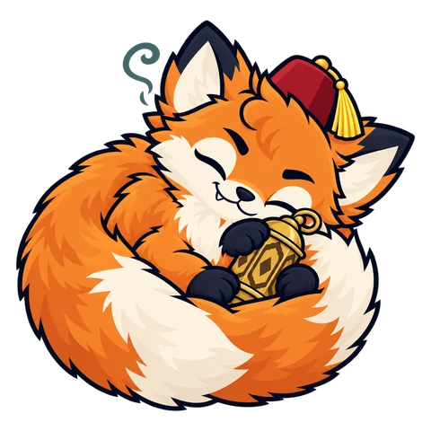 Tofi asleep, curled up in his tail
